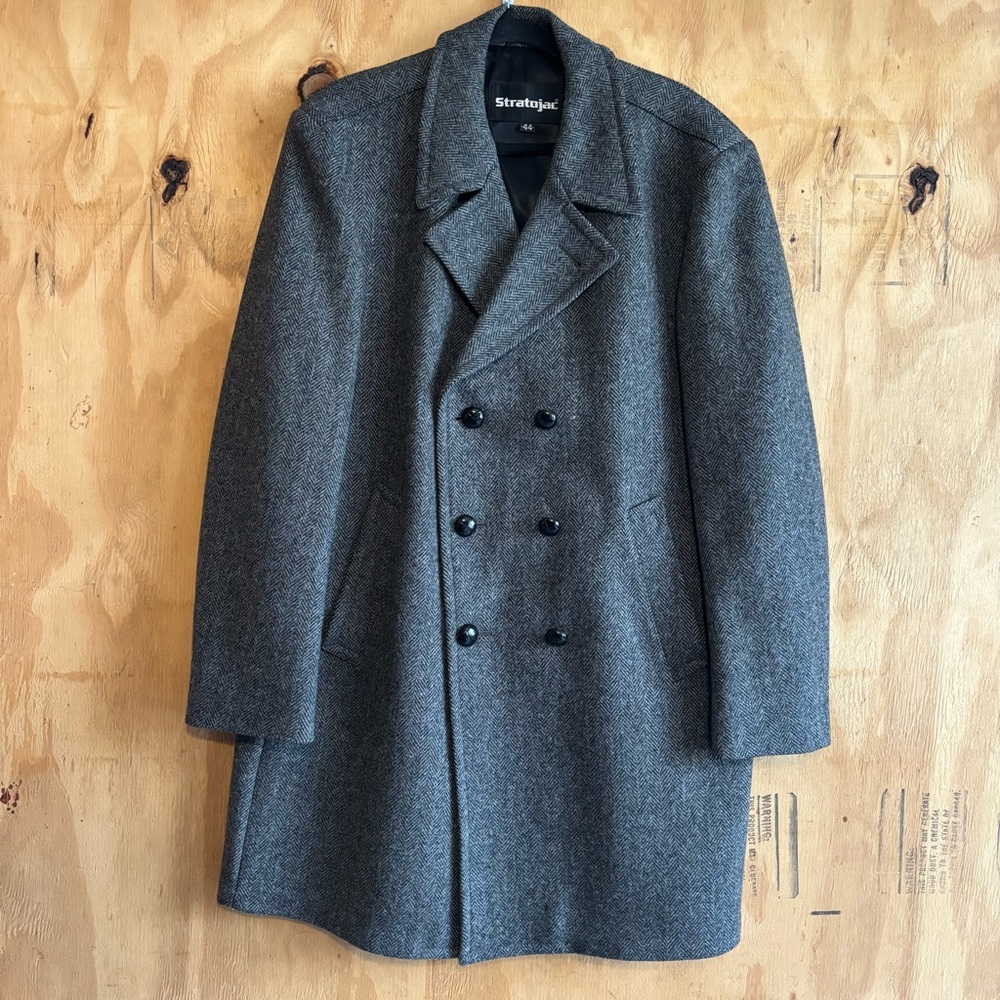 Vintage Stratojac Double Breasted Herringbone Grey Wool Blend Peacoat Jacket 44